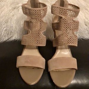 Beige suede cutout heels chunky heel